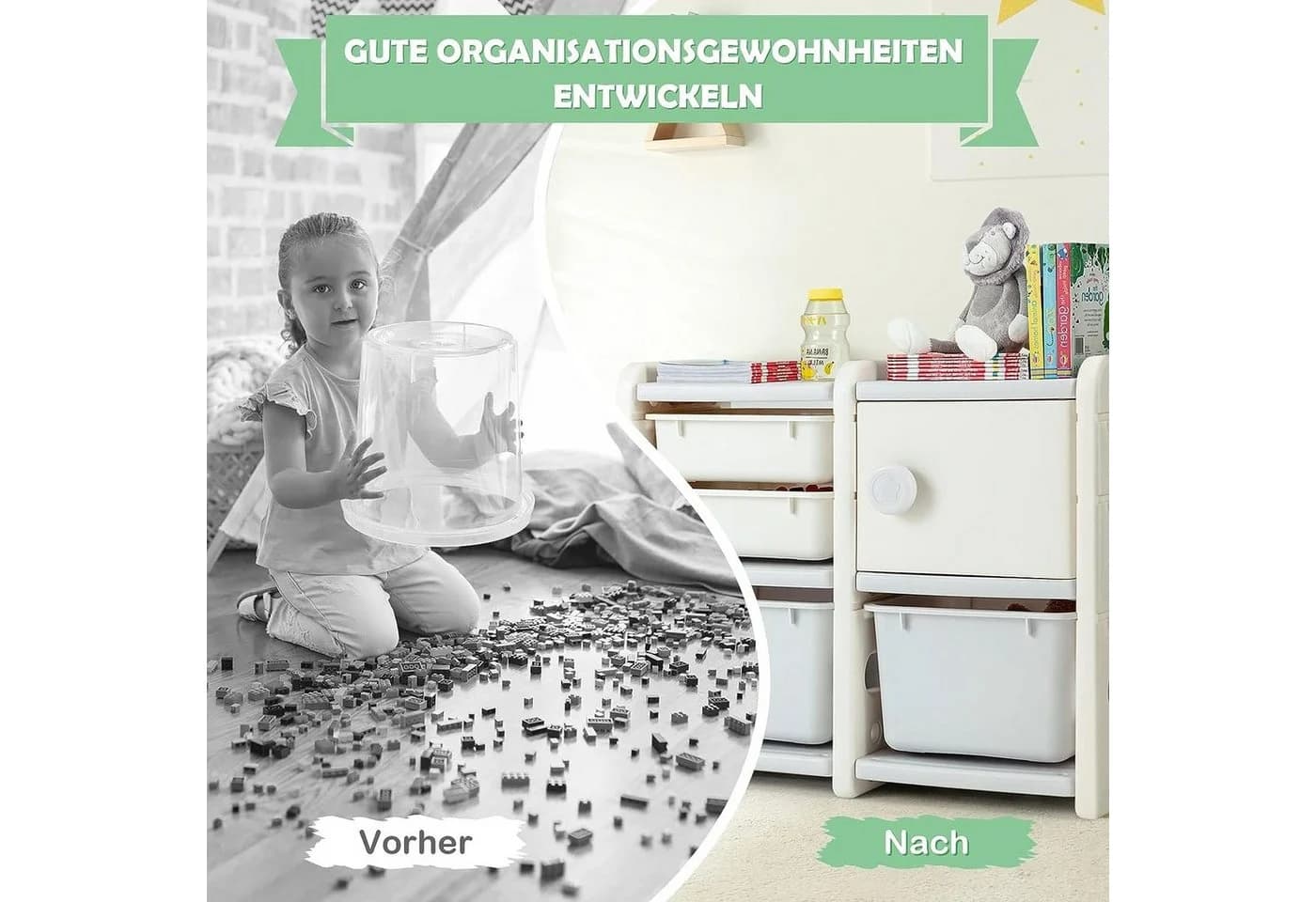 KOMFOTTEU Spielzeugtruhe Kinderregal Beige 4 Boxen 1 Schrank - Bild 5