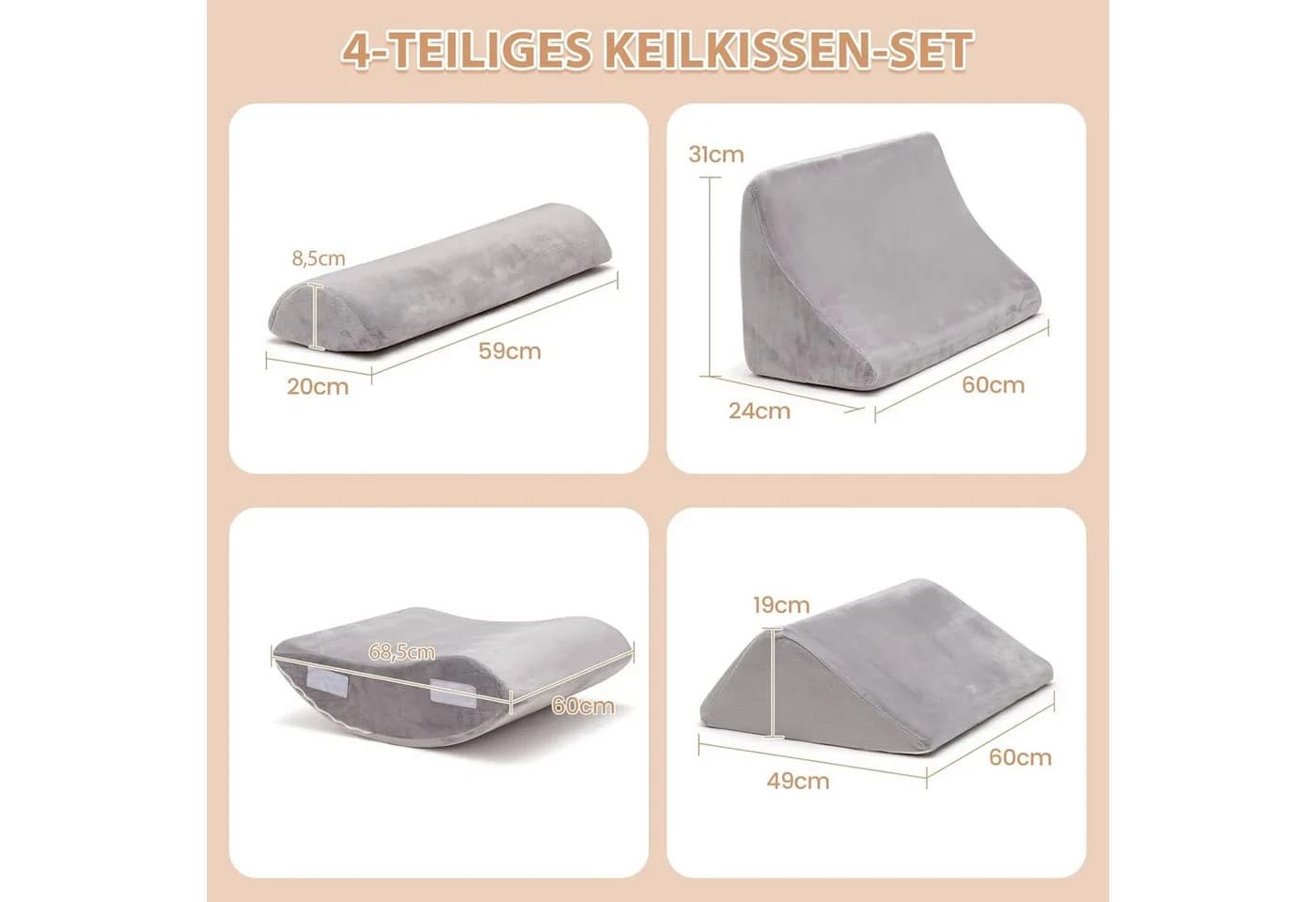 KOMFOTTEU Keilkissen Bettkissen 4-tlg. Memory-Schaum Grau - Bild 5