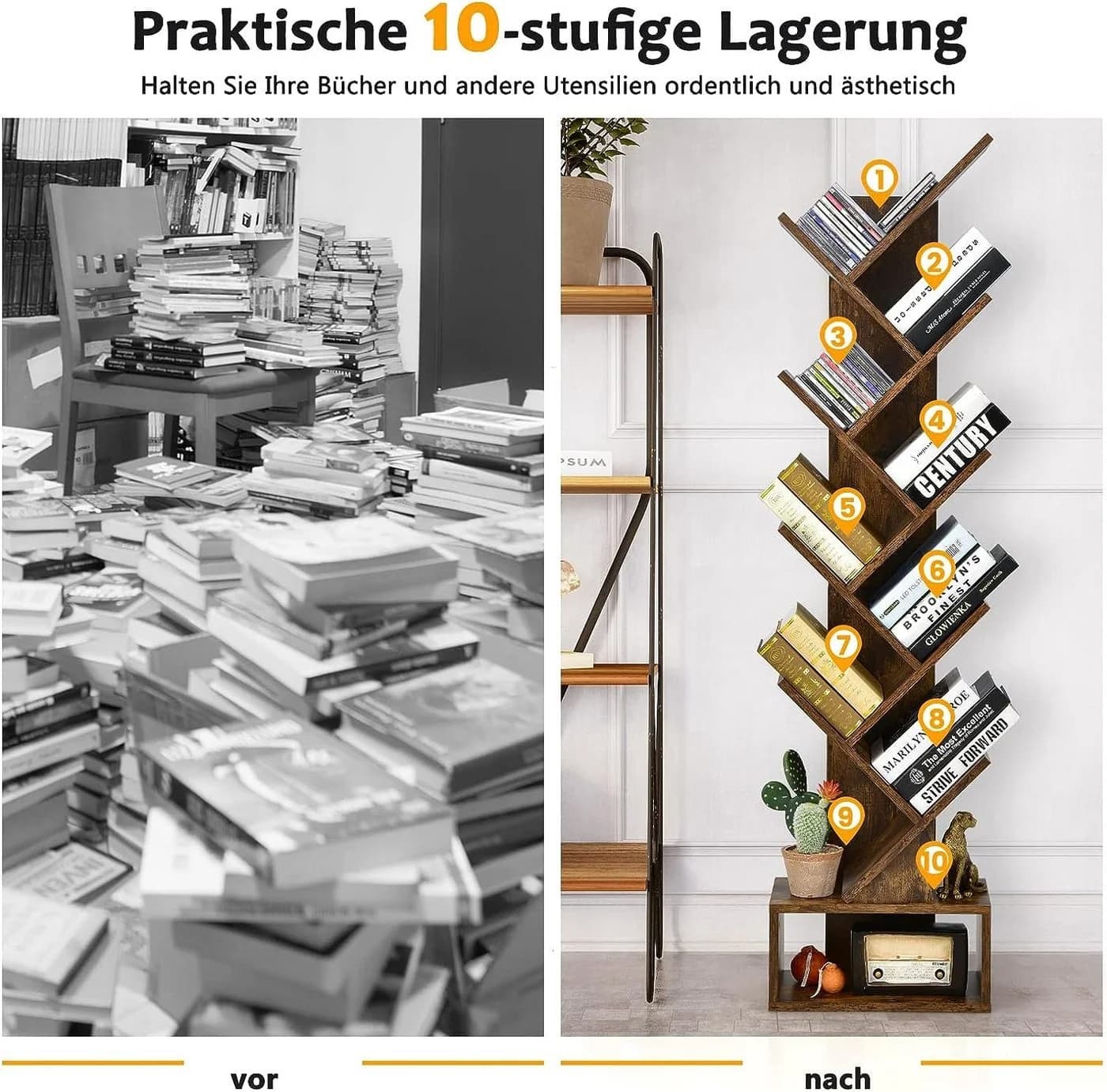 KOMFOTTEU Bücherregal Baumförmig Braun 10 Ablagen - Bild 3