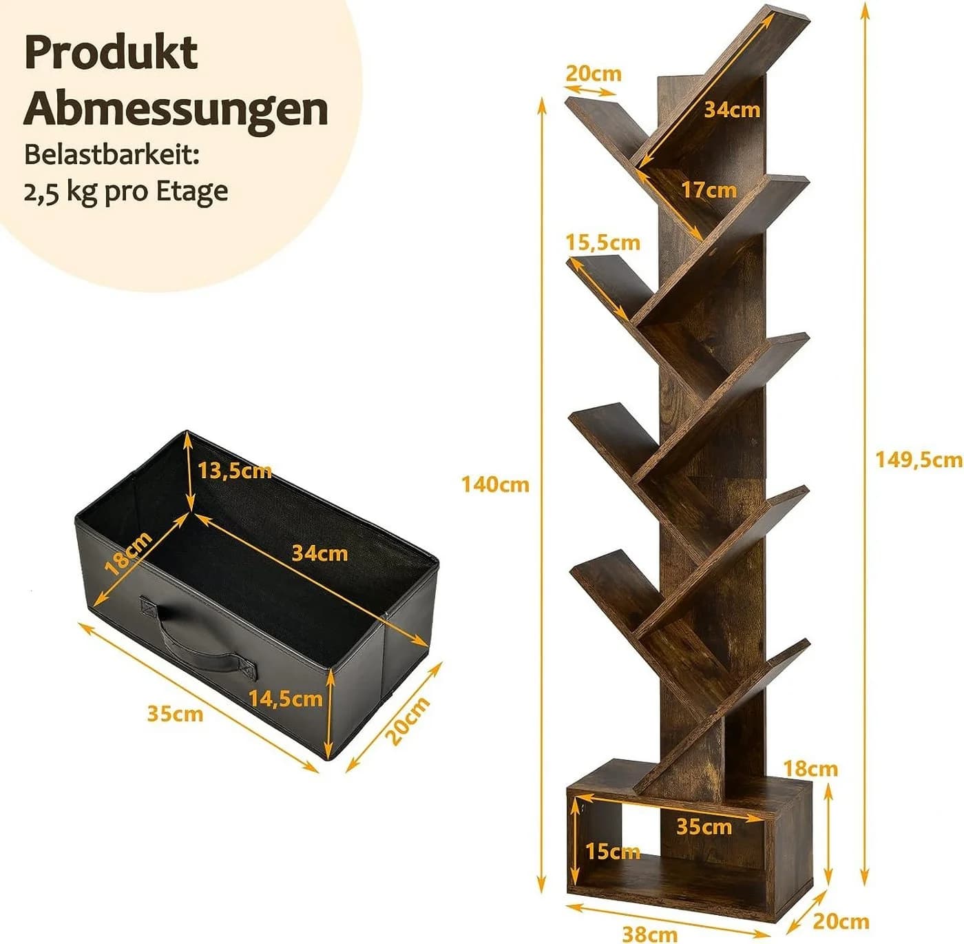 KOMFOTTEU Bücherregal Baumförmig Braun 10 Ablagen - Bild 5