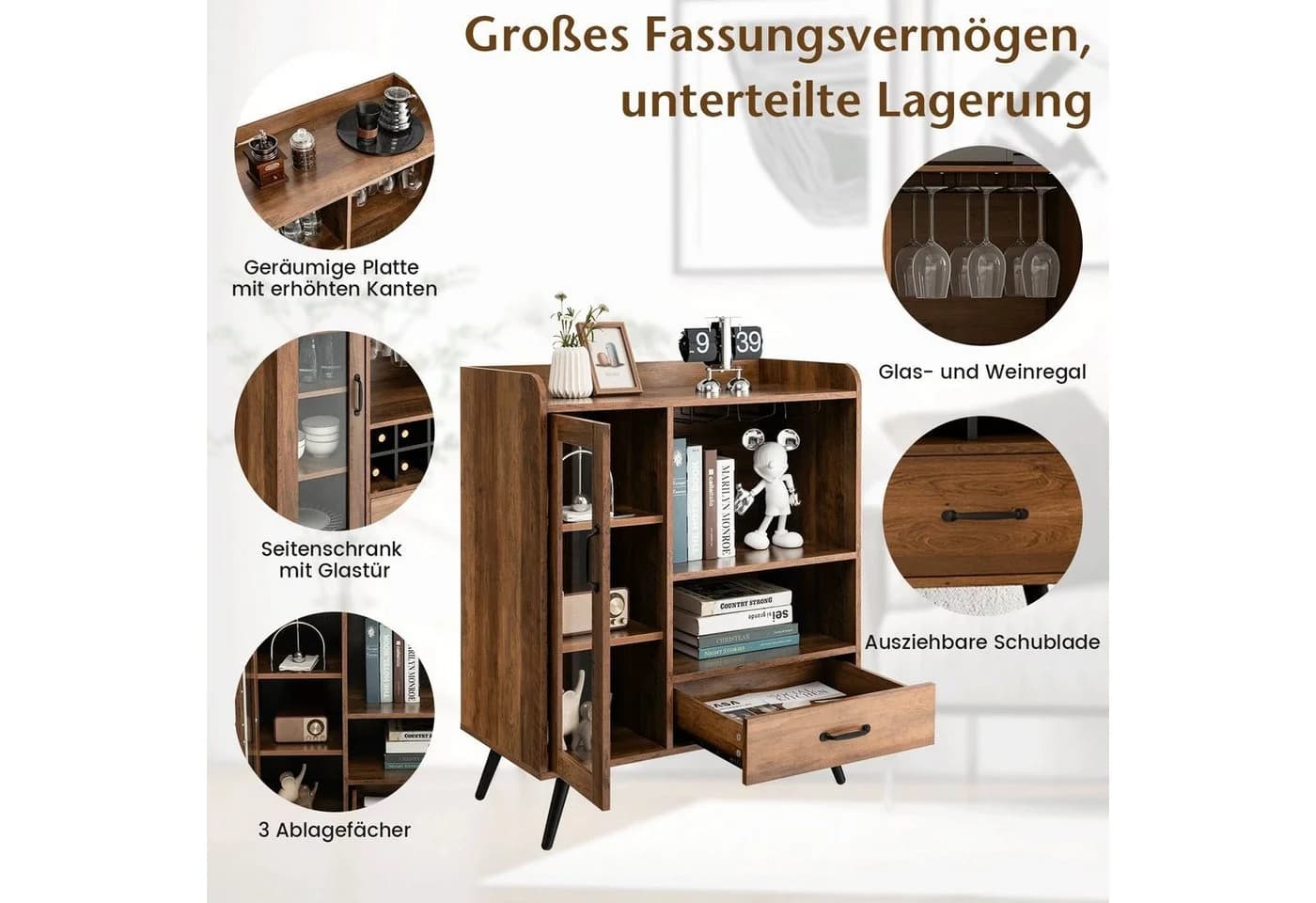 COSTWAY Weinschrank Barschrank Braun mit 8 Flaschenregalen - Bild 4