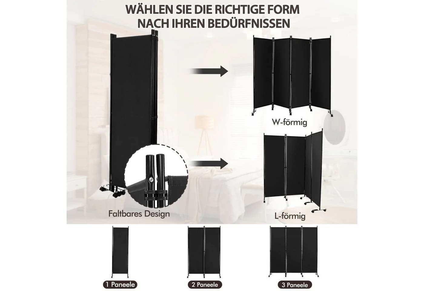 COSTWAY Paravent auf Rollen 4-tlg. Metallrahmen Schwarz - Bild 3