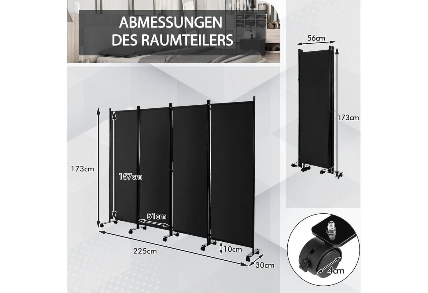 COSTWAY Paravent auf Rollen 4-tlg. Metallrahmen Schwarz - Bild 5