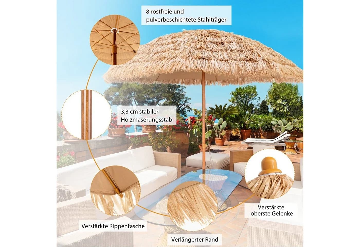 COSTWAY Sonnenschirm Marktschirm Tiki-Stil mit Druckknopf
