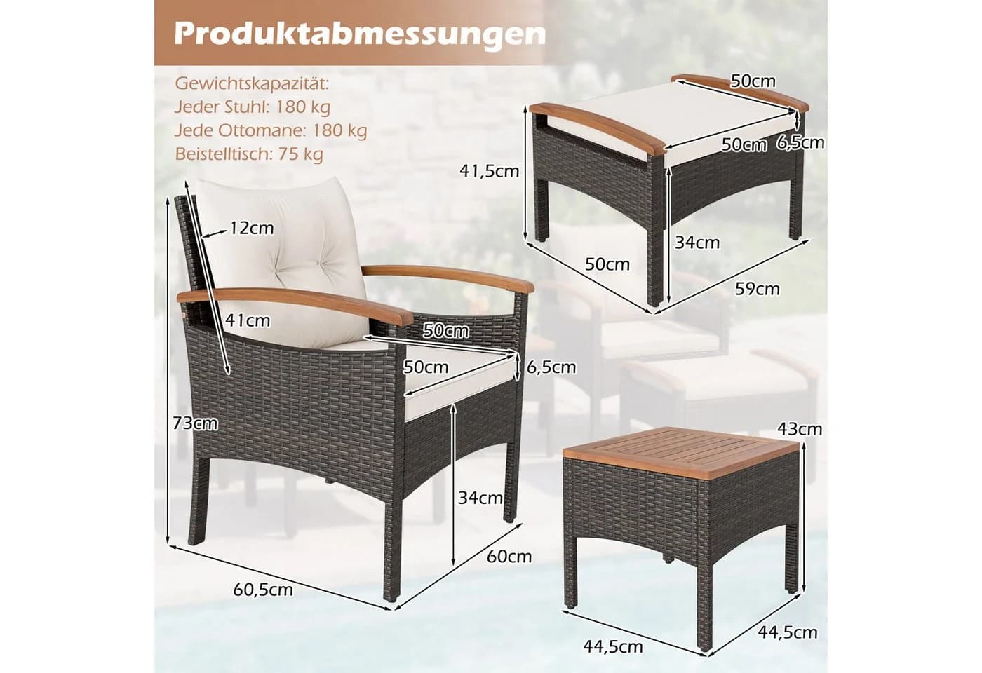 COSTWAY Balkonset Rattan 5-tlg. Akazienholzplatte mit Kissen - Bild 5