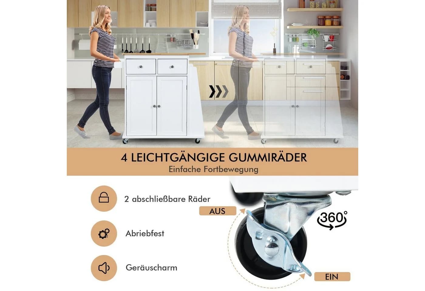 COSTWAY Küchenwagen mit Arbeitsplatte, Schubladen & Gewürzregal, rollen - Bild 3