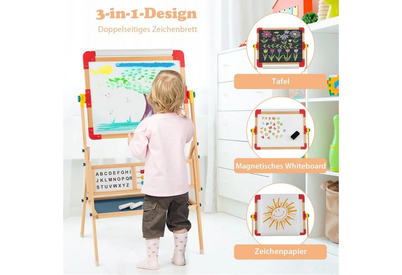 COSTWAY Standtafel Kinder Kreidetafel Holz 3-in-1