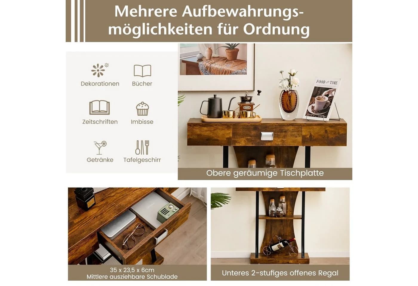COSTWAY Konsolentisch Schmal mit Schubladen & Ablagen Flurtisch Holz