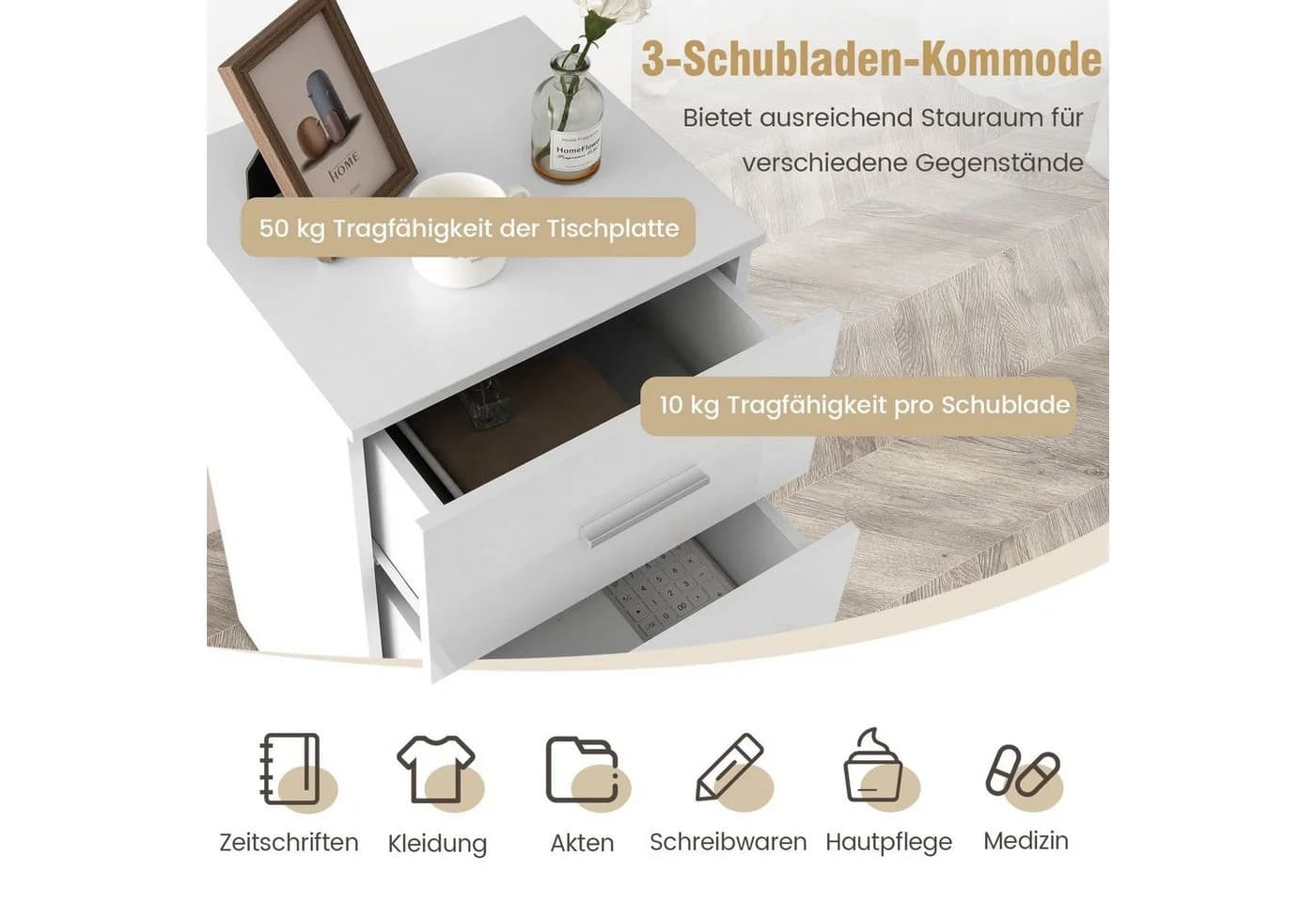 COSTWAY Aktenschrank 3 Schubladen Schwarz/Weiß Büroschrank Beistelltisch - Bild 3