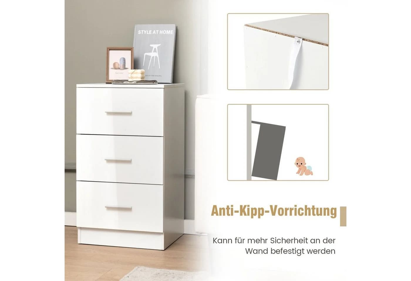 COSTWAY Aktenschrank 3 Schubladen Schwarz/Weiß Büroschrank Beistelltisch - Bild 4