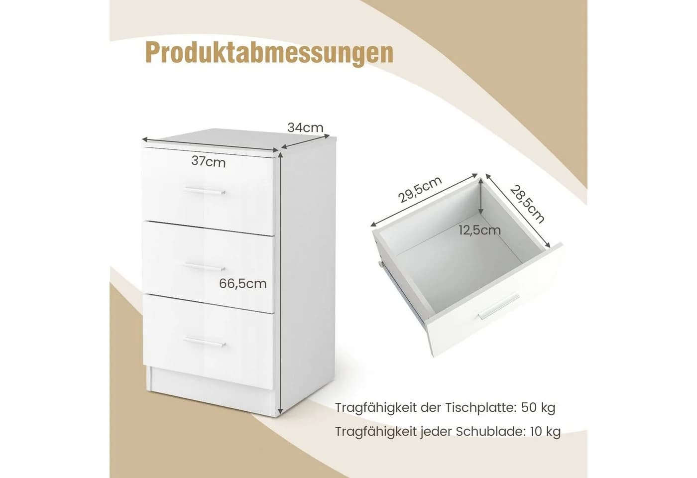 COSTWAY Aktenschrank 3 Schubladen Schwarz/Weiß Büroschrank Beistelltisch - Bild 5