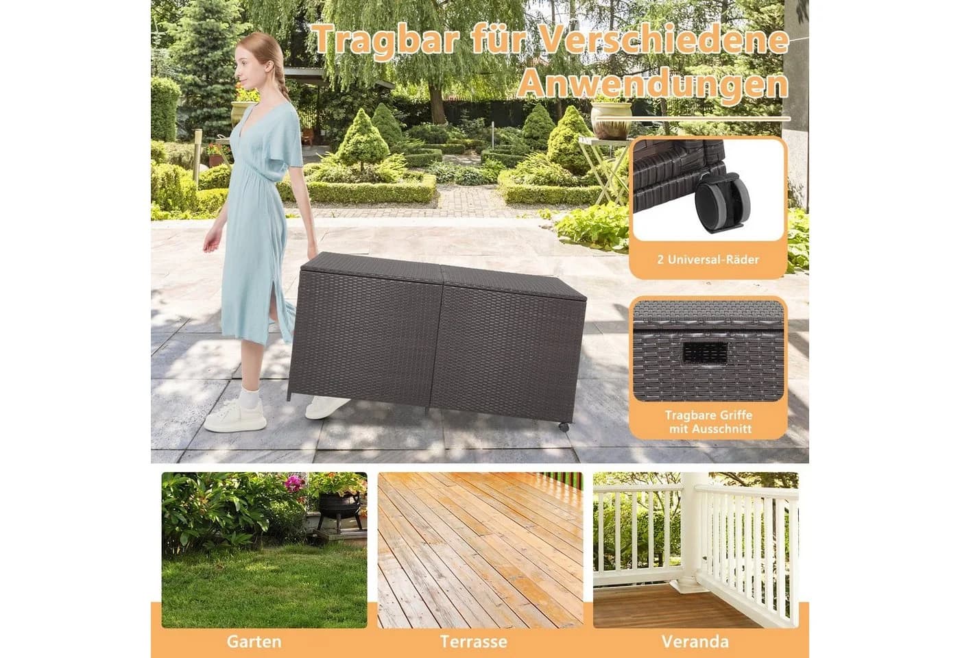 COSTWAY Auflagenbox 662L Braun PE-Rattan mit Rollen - Bild 3