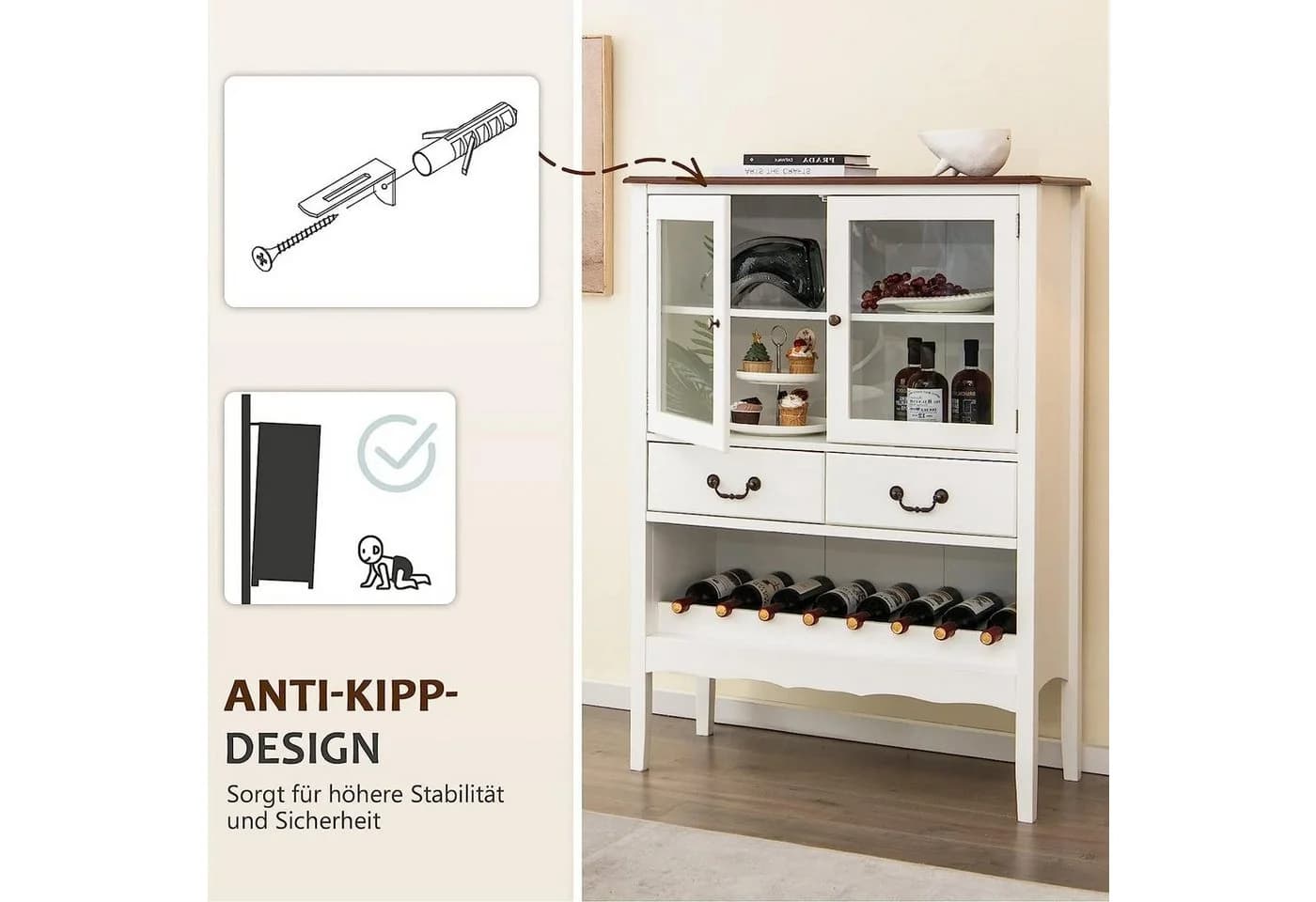 KOMFOTTEU Weinschrank Buffetschrank mit Glashalter Weiß Kiefernholz - Bild 3