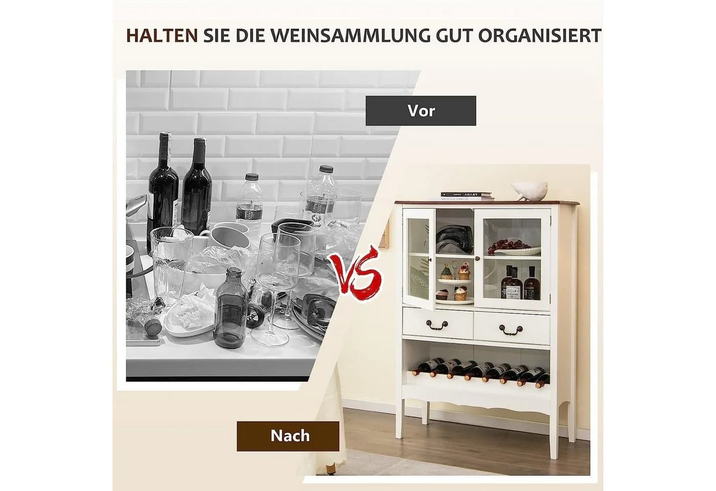 KOMFOTTEU Weinschrank Buffetschrank mit Glashalter Weiß Kiefernholz - Bild 4
