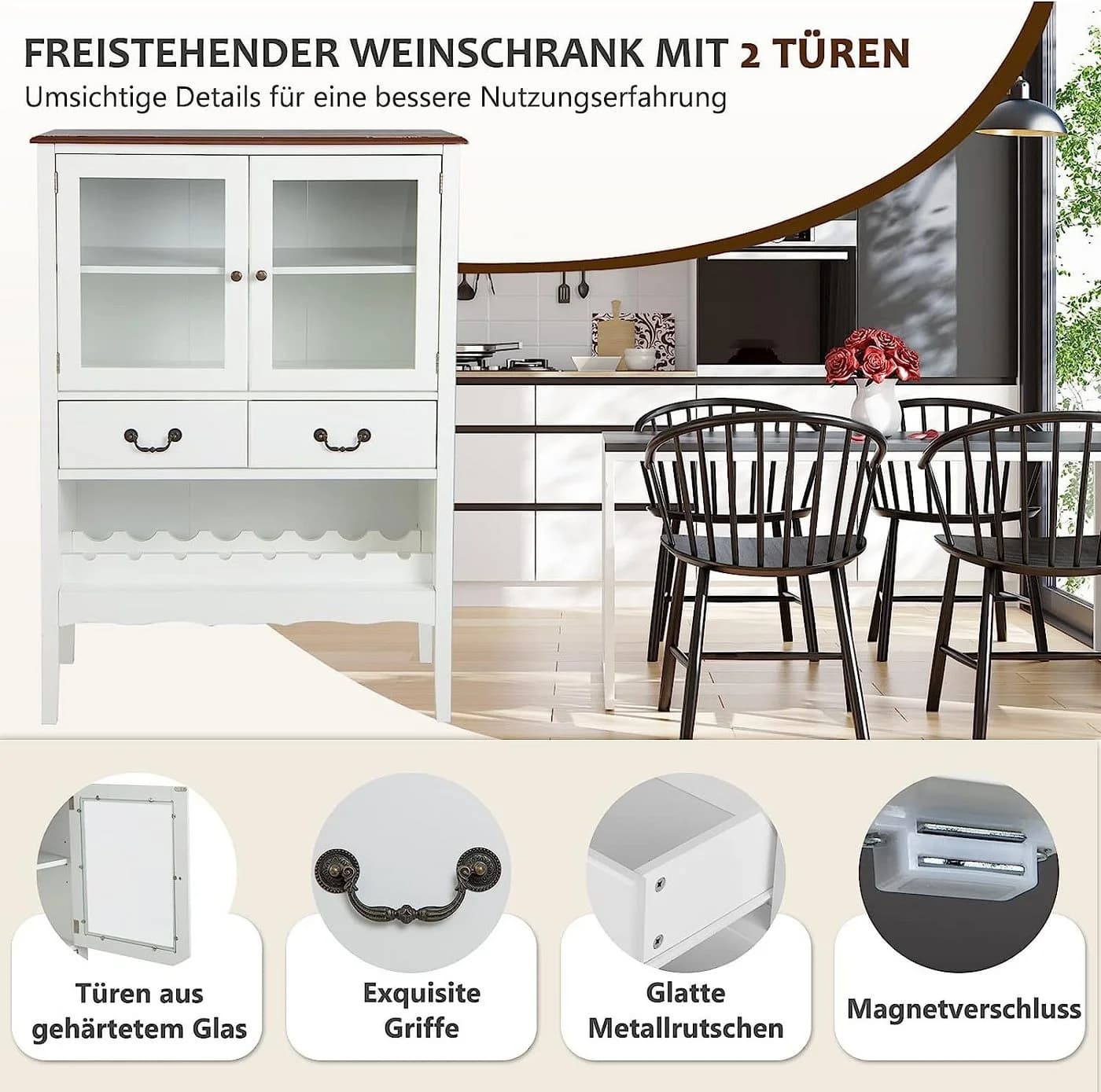 KOMFOTTEU Weinschrank Buffetschrank mit Glashalter Weiß Kiefernholz - Bild 5