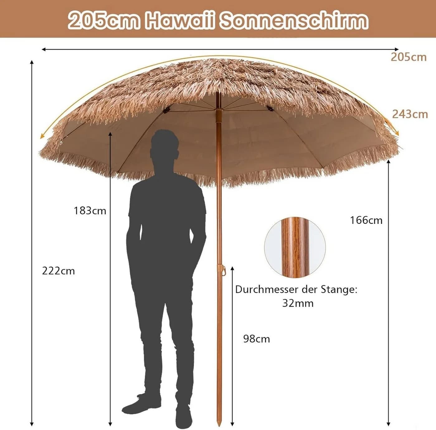 KOMFOTTEU Sonnenschirm Hawaii Strohschirm 205cm Beige