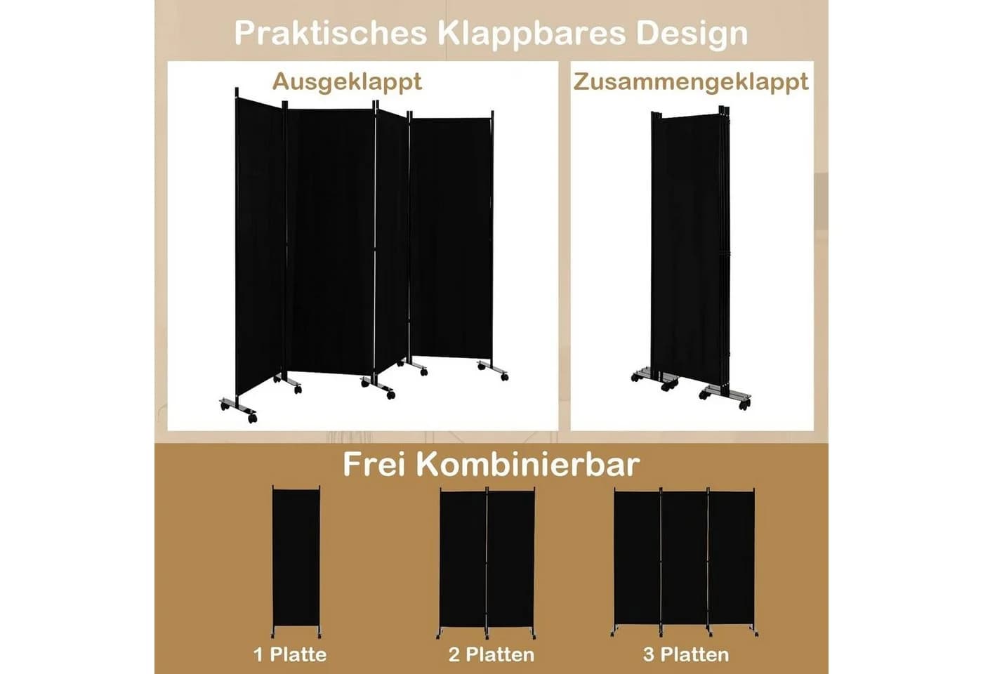 KOMFOTTEU Raumteiler Paravent Trennwand Sichtschutz mit Rollen