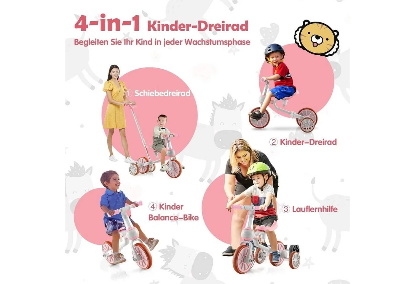 KOMFOTTEU Kinder Dreirad Balance Fahrrad 4-in-1 Rosa Blau Grün