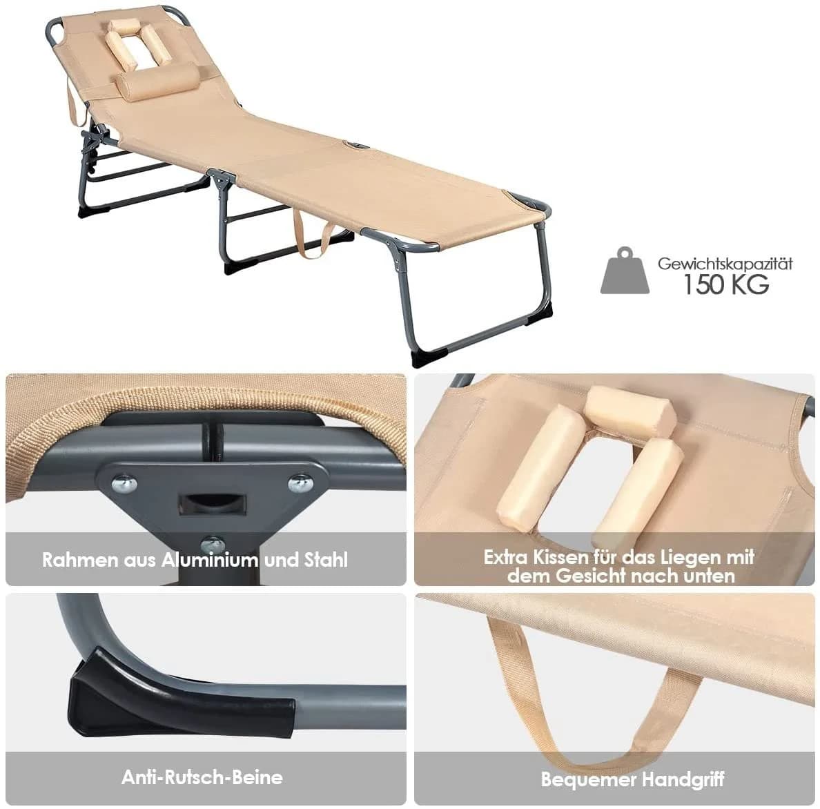 KOMFOTTEU Multifunktionsliege Faltbar Beige mit verstellbarer Rückenlehne - Bild 4