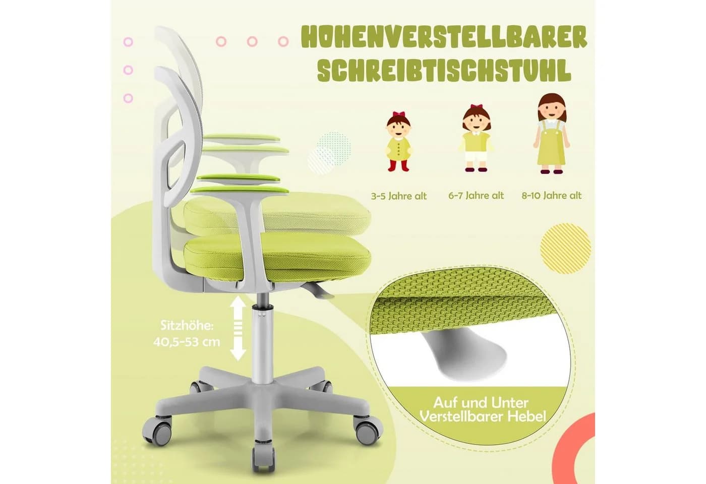 COSTWAY Drehstuhl Kinder Schreibtischstuhl, höhenverstellbar, Grün - Bild 1