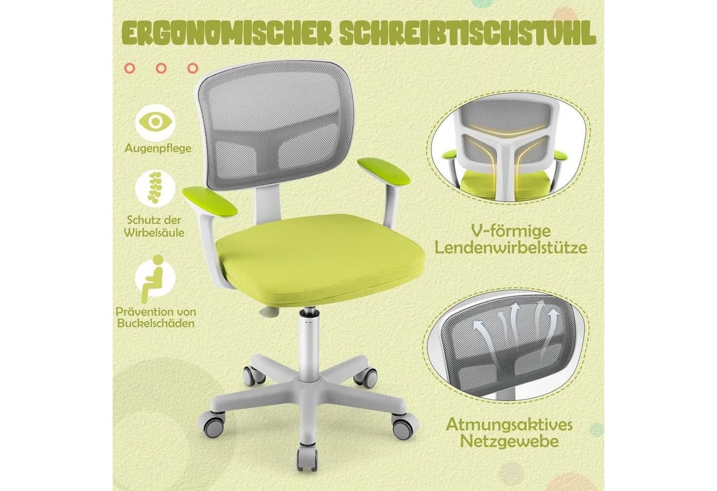 COSTWAY Drehstuhl Kinder Schreibtischstuhl, höhenverstellbar, Grün - Bild 3