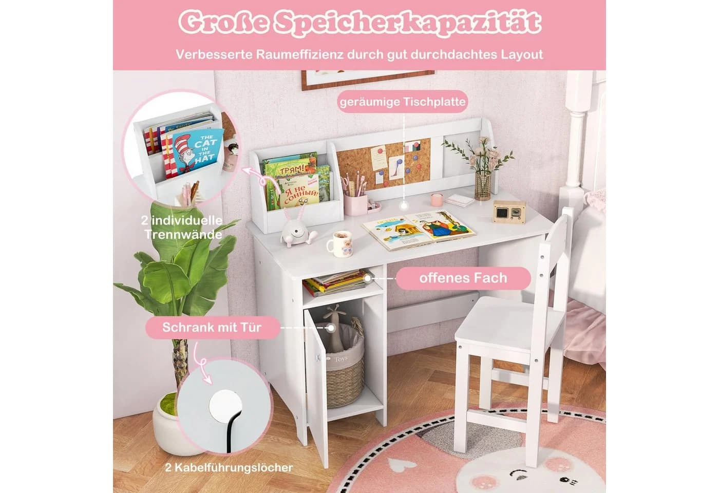 COSTWAY Kinderschreibtisch mit Stuhl Set Holz Sitzgruppe Bücherregal - Bild 3
