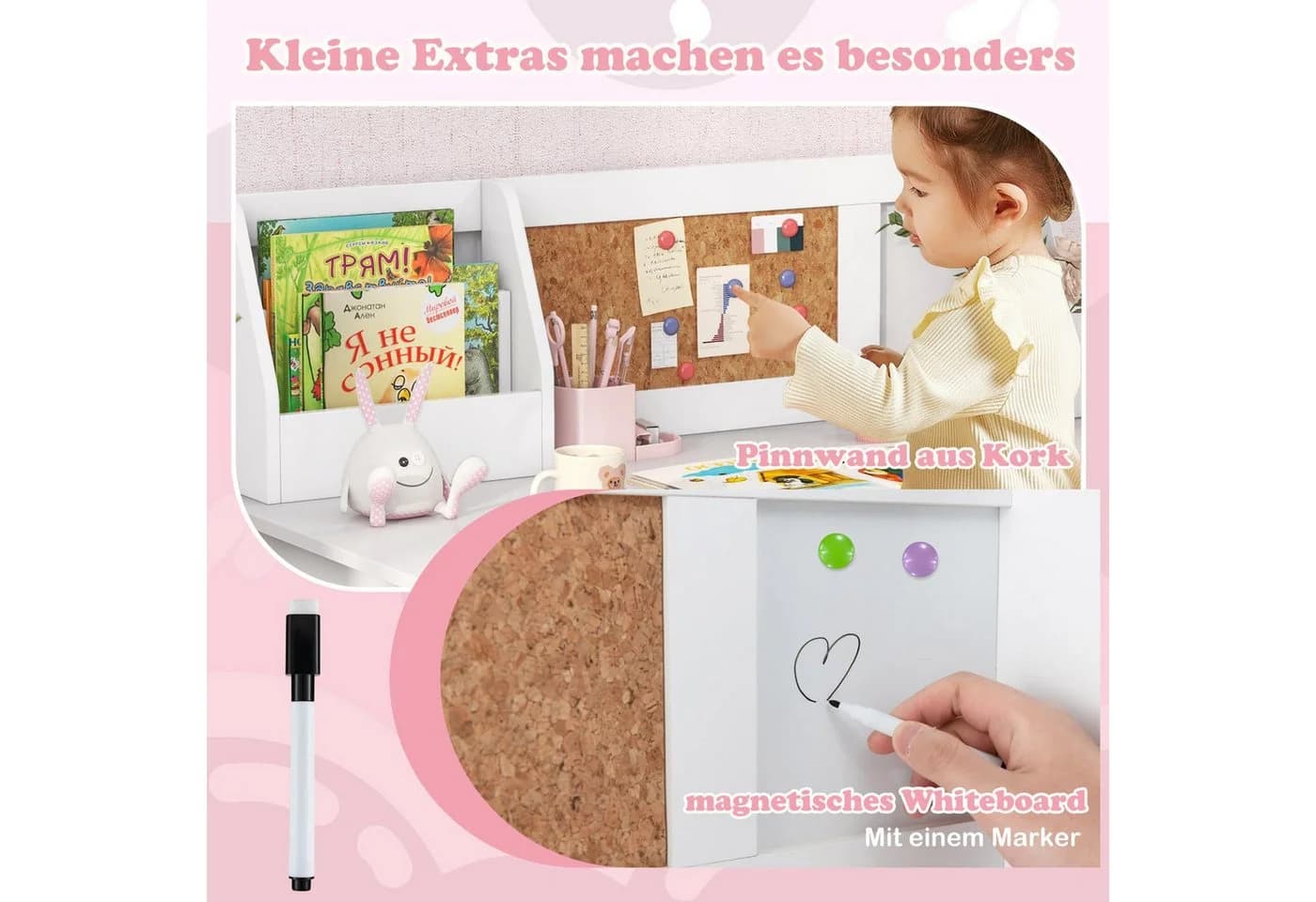 COSTWAY Kinderschreibtisch mit Stuhl Set Holz Sitzgruppe Bücherregal - Bild 4