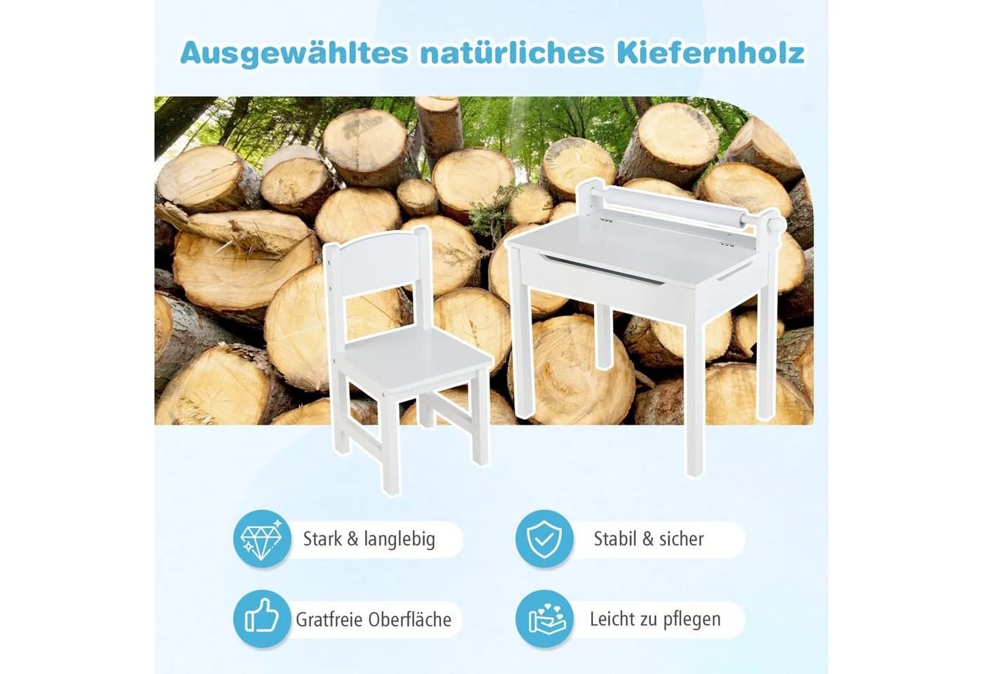 COSTWAY Kinderschreibtisch mit Stuhl Set & Papierrollenhalter Weiß