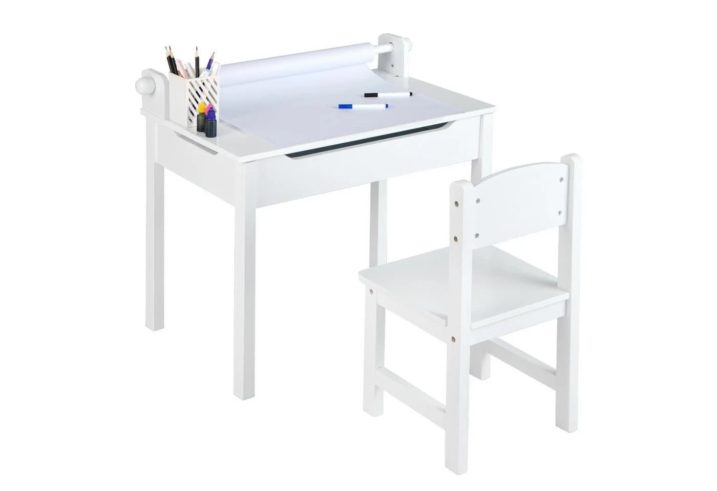 COSTWAY Kinderschreibtisch mit Stuhl Set & Papierrollenhalter Weiß - Bild 2