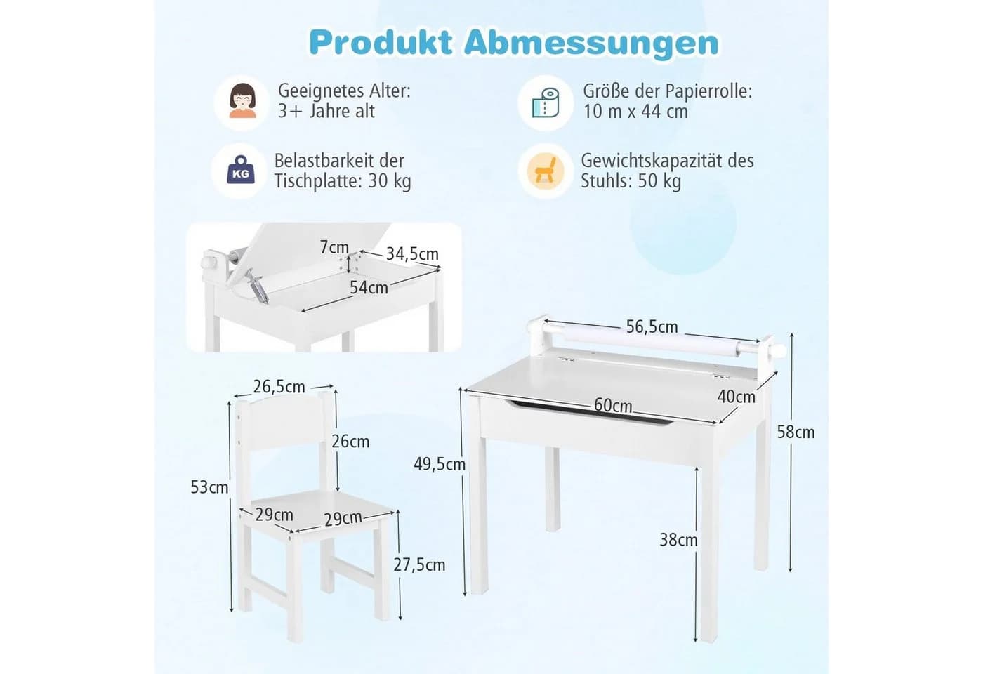 COSTWAY Kinderschreibtisch mit Stuhl Set & Papierrollenhalter Weiß - Bild 3