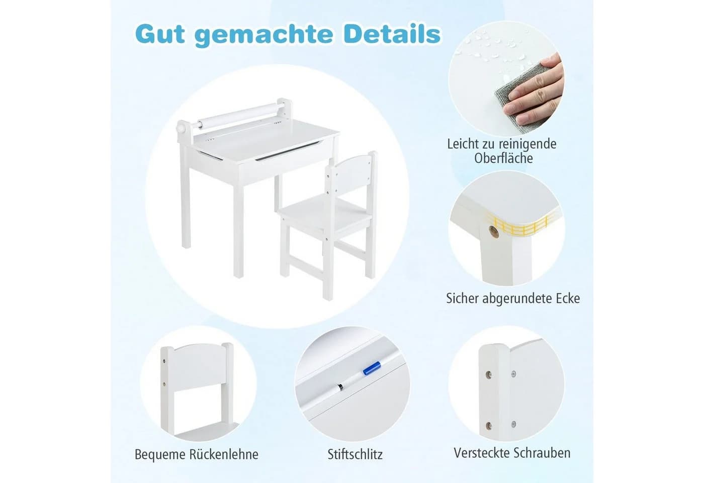 COSTWAY Kinderschreibtisch mit Stuhl Set & Papierrollenhalter Weiß - Bild 5