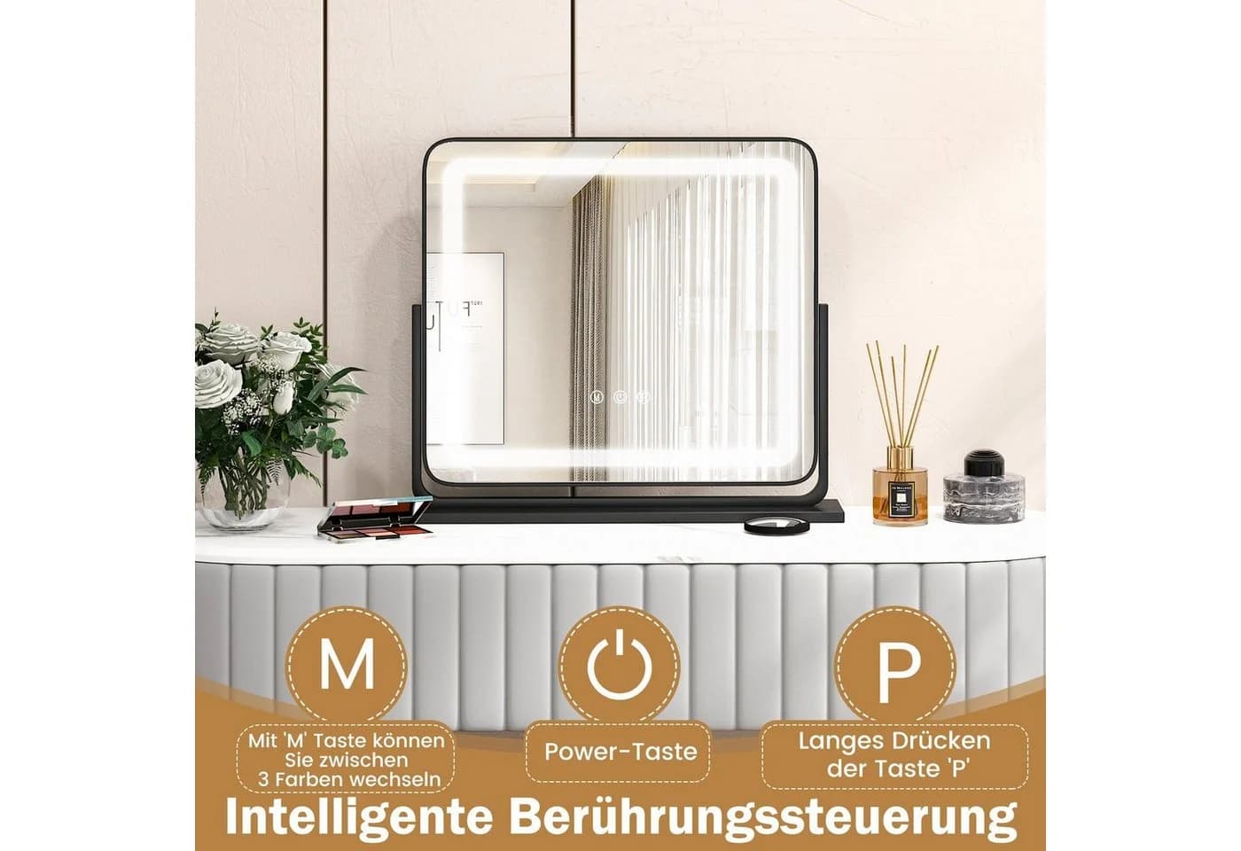 COSTWAY Schminkspiegel mit 3 dimmbaren Lichtfarben, 5X Vergrößerung, 360° - Bild 4