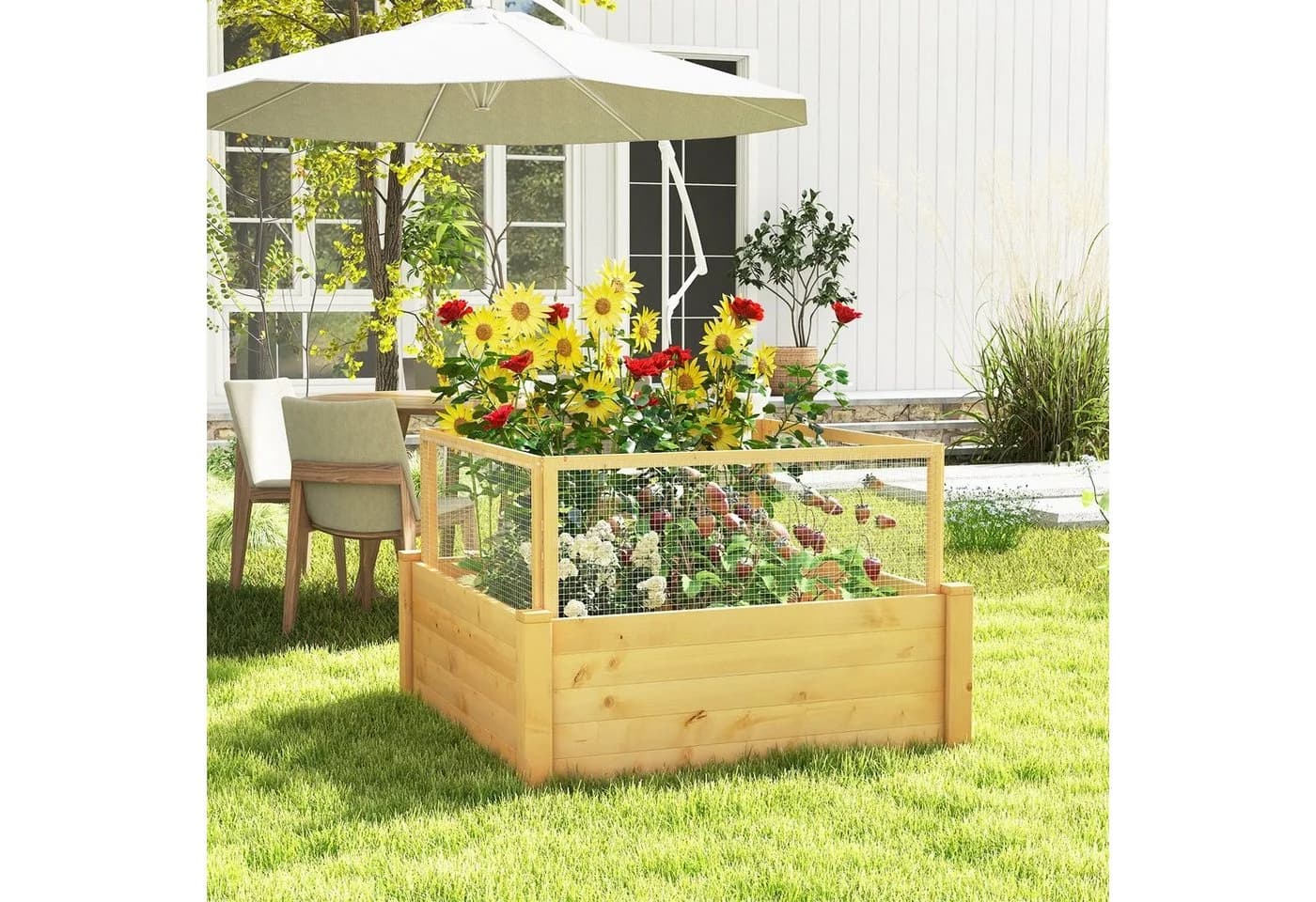 COSTWAY Hochbeet mit 4-seitigem Schutzzaun, 9 Pflanzflächen, 107x107x70cm