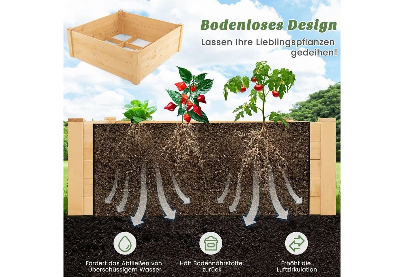 COSTWAY Hochbeet mit 4-seitigem Schutzzaun, 9 Pflanzflächen, 107x107x70cm - Bild 4