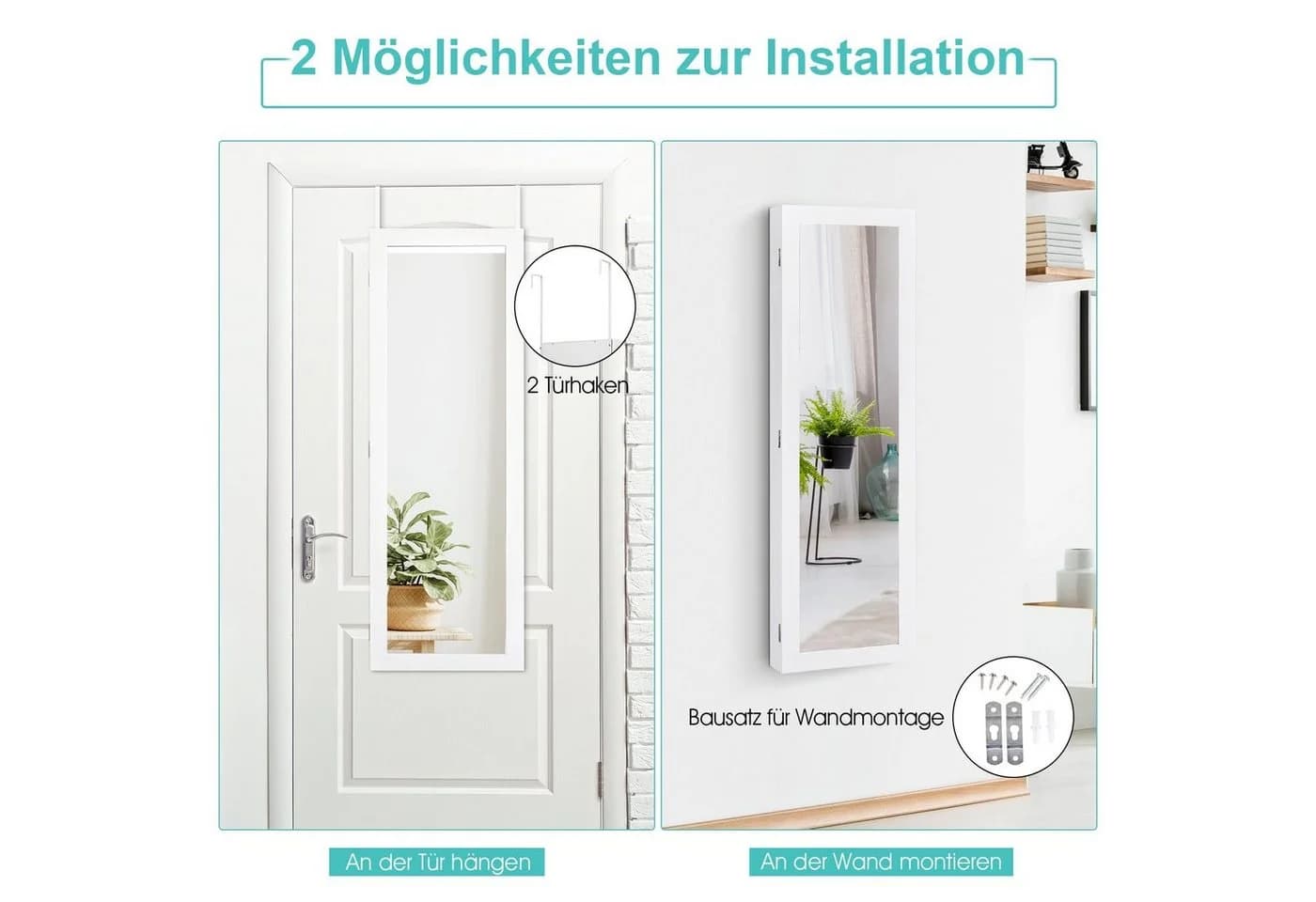 COSTWAY Schmuckschrank mit Ganzkörperspiegel hängend weiß