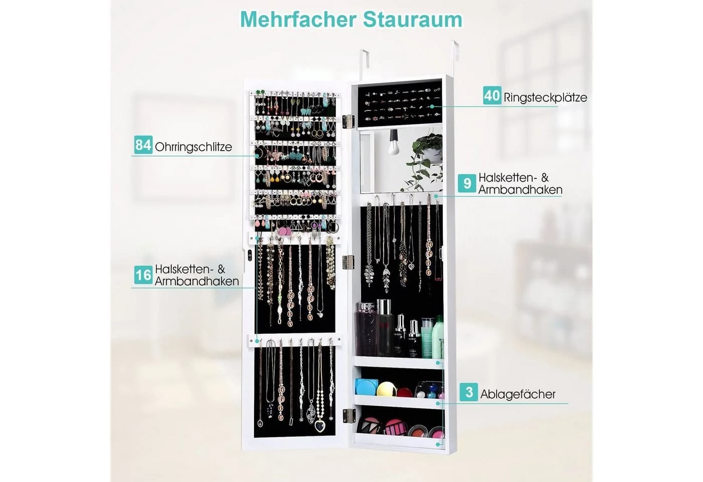 COSTWAY Schmuckschrank mit Ganzkörperspiegel hängend weiß - Bild 4