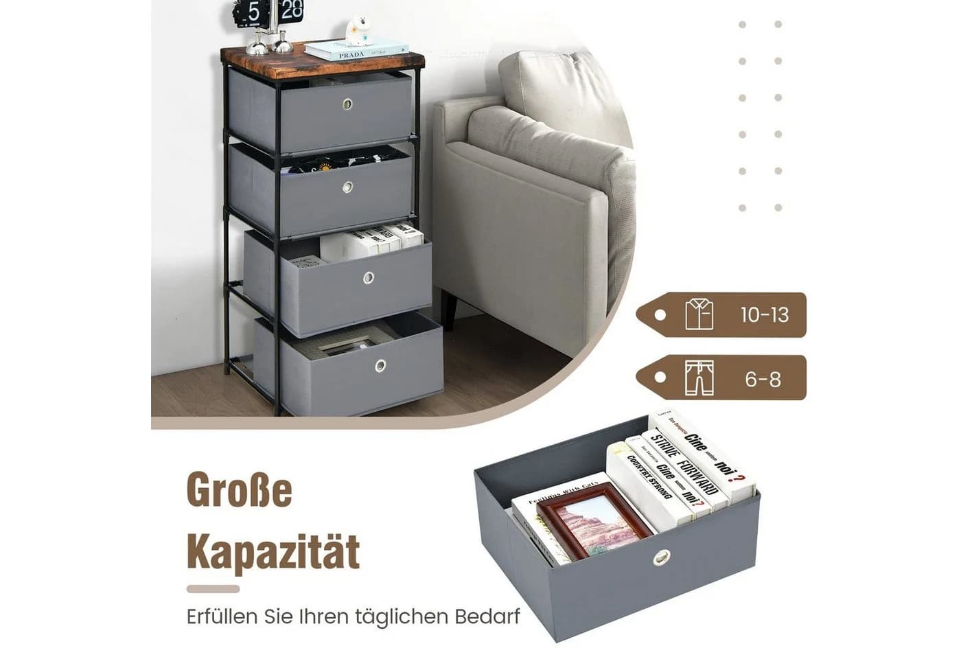 COSTWAY Nachttisch Grau mit 4 klappbaren Stoffschubladen und Metallrahmen - Bild 3