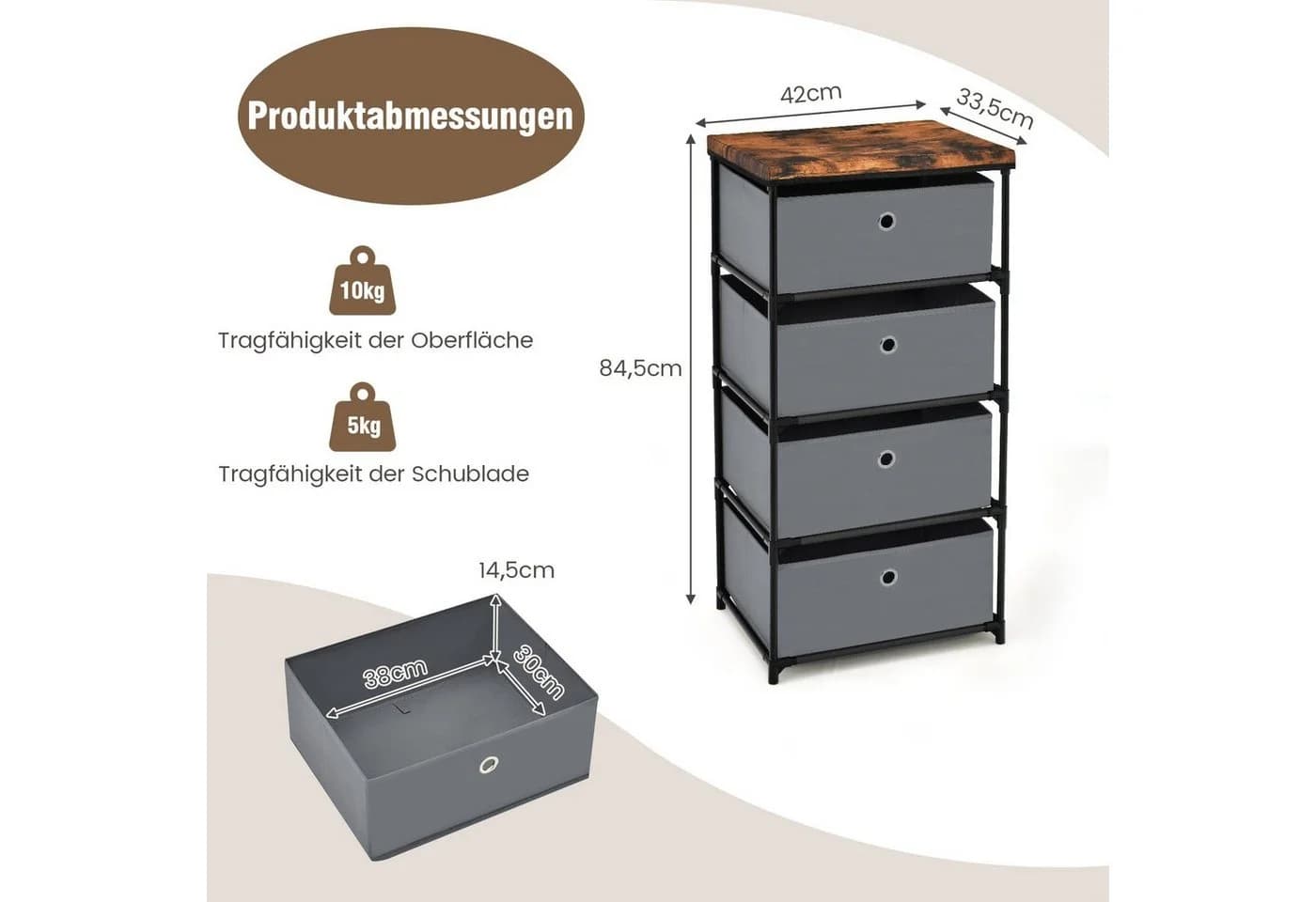 COSTWAY Nachttisch Grau mit 4 klappbaren Stoffschubladen und Metallrahmen - Bild 5