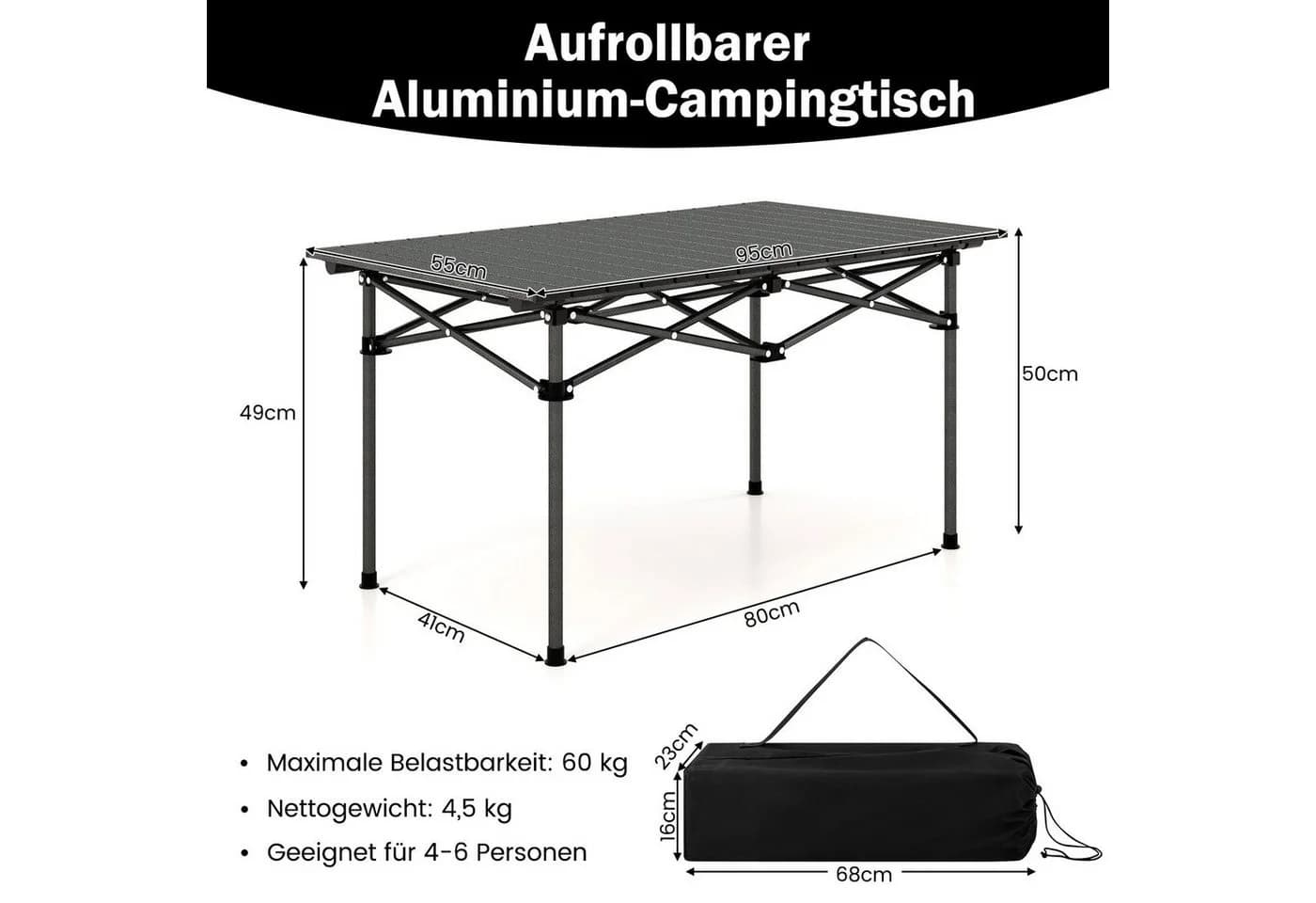 COSTWAY Campingtisch Klapptisch Aluminiumtischplatte Schwarz - Bild 3