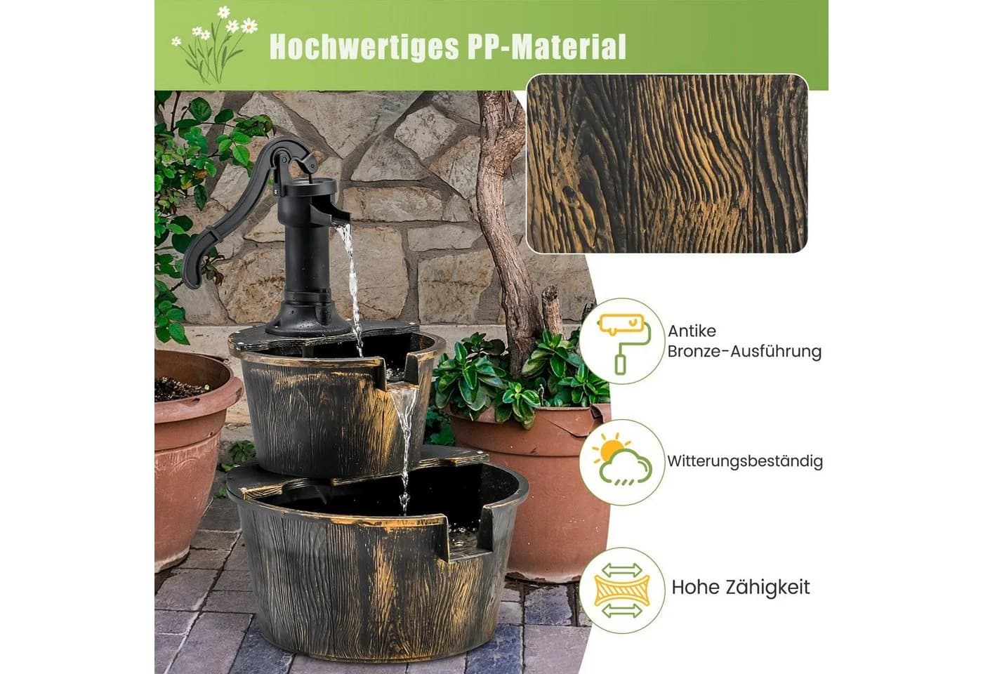 COSTWAY Gartenbrunnen Wasserbecken 41x45,5 cm mit Wasserpumpe - Bild 3