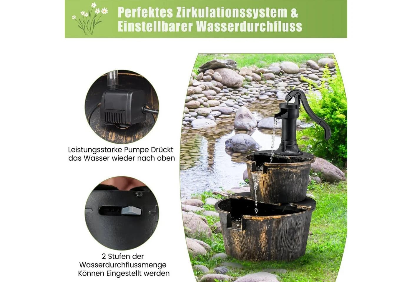 COSTWAY Gartenbrunnen Wasserbecken 41x45,5 cm mit Wasserpumpe - Bild 4