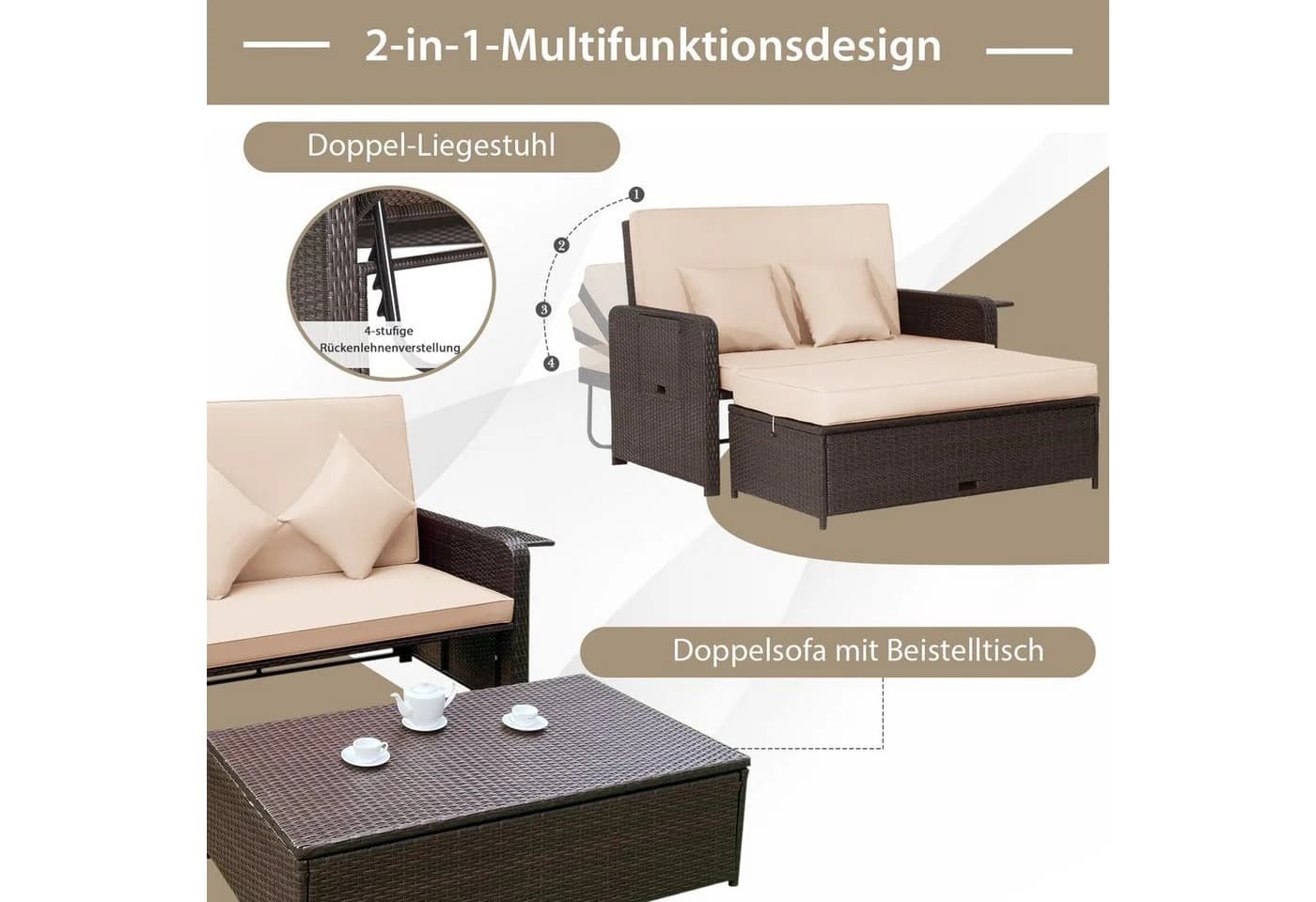 COSTWAY Loungebett 2-Personen Rattan mit verstellbarer Rückenlehne