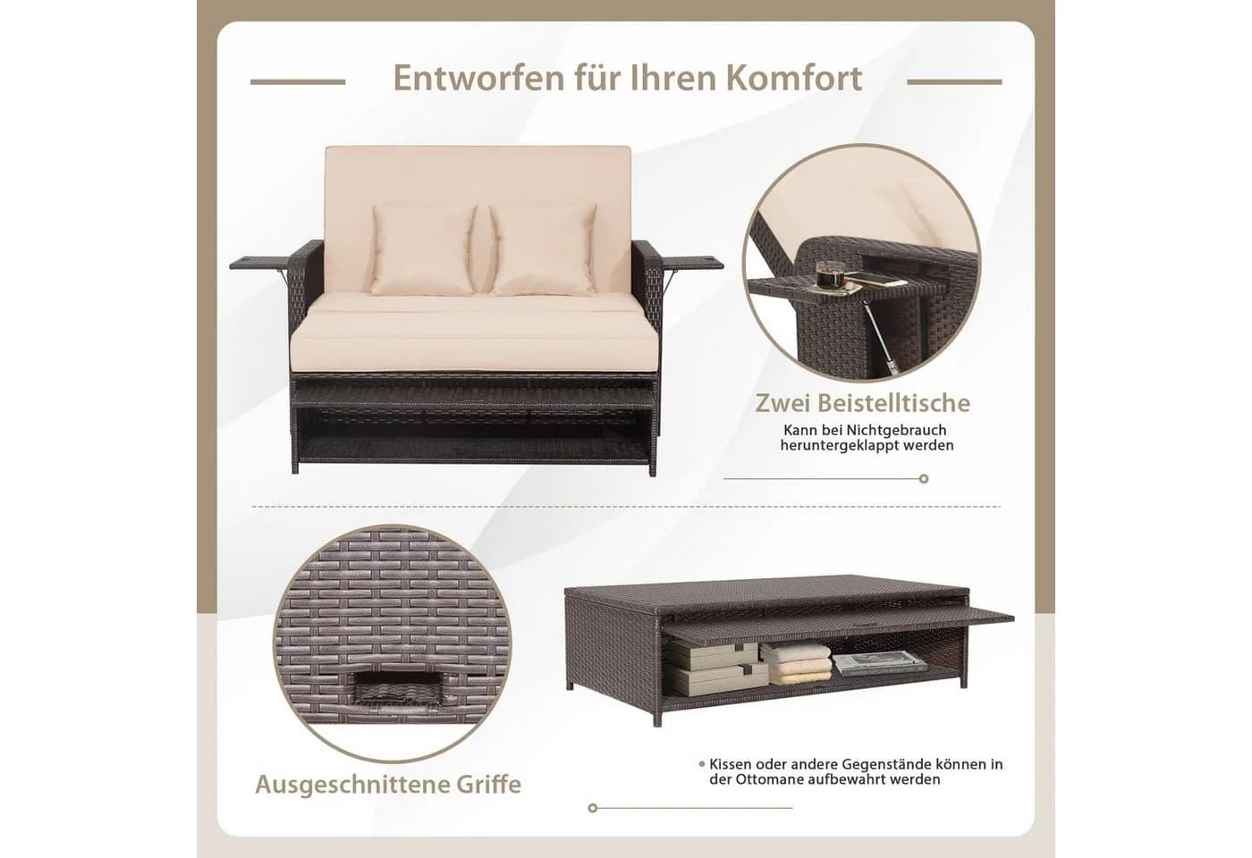 COSTWAY Loungebett 2-Personen Rattan mit verstellbarer Rückenlehne - Bild 3