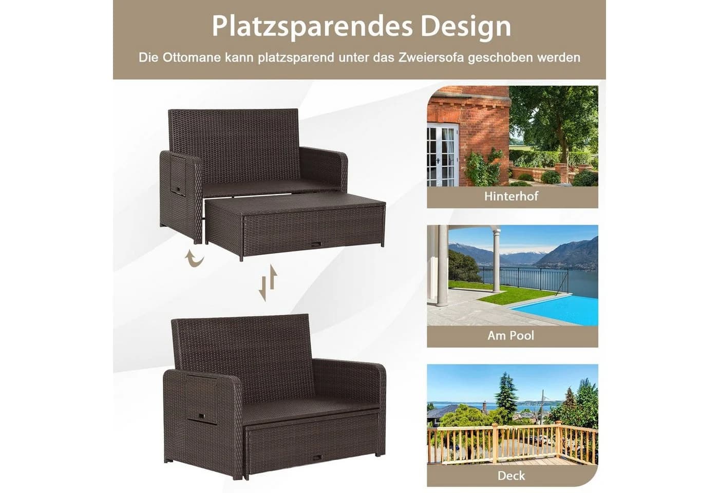 COSTWAY Loungebett 2-Personen Rattan mit verstellbarer Rückenlehne - Bild 4