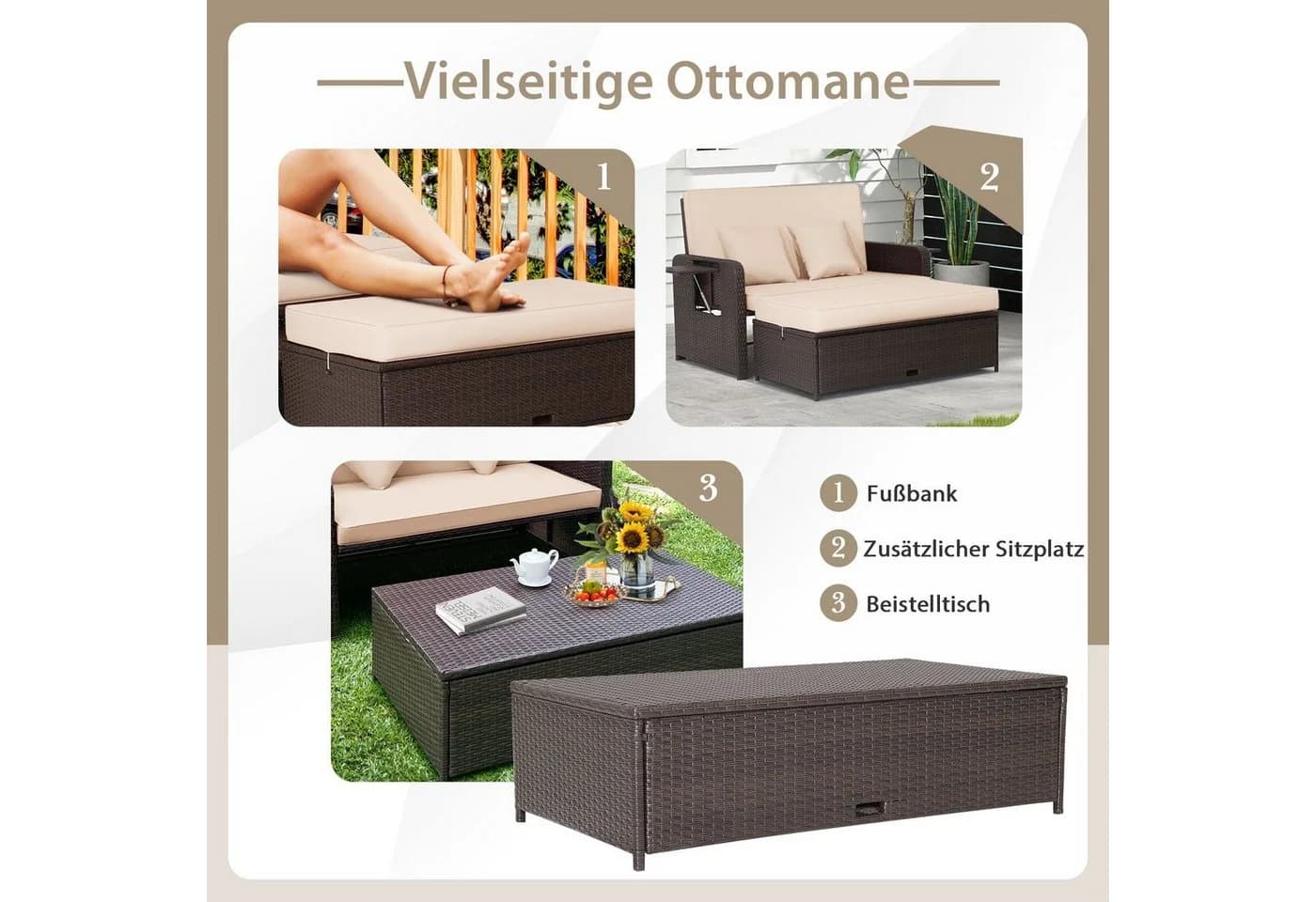 COSTWAY Loungebett 2-Personen Rattan mit verstellbarer Rückenlehne - Bild 5