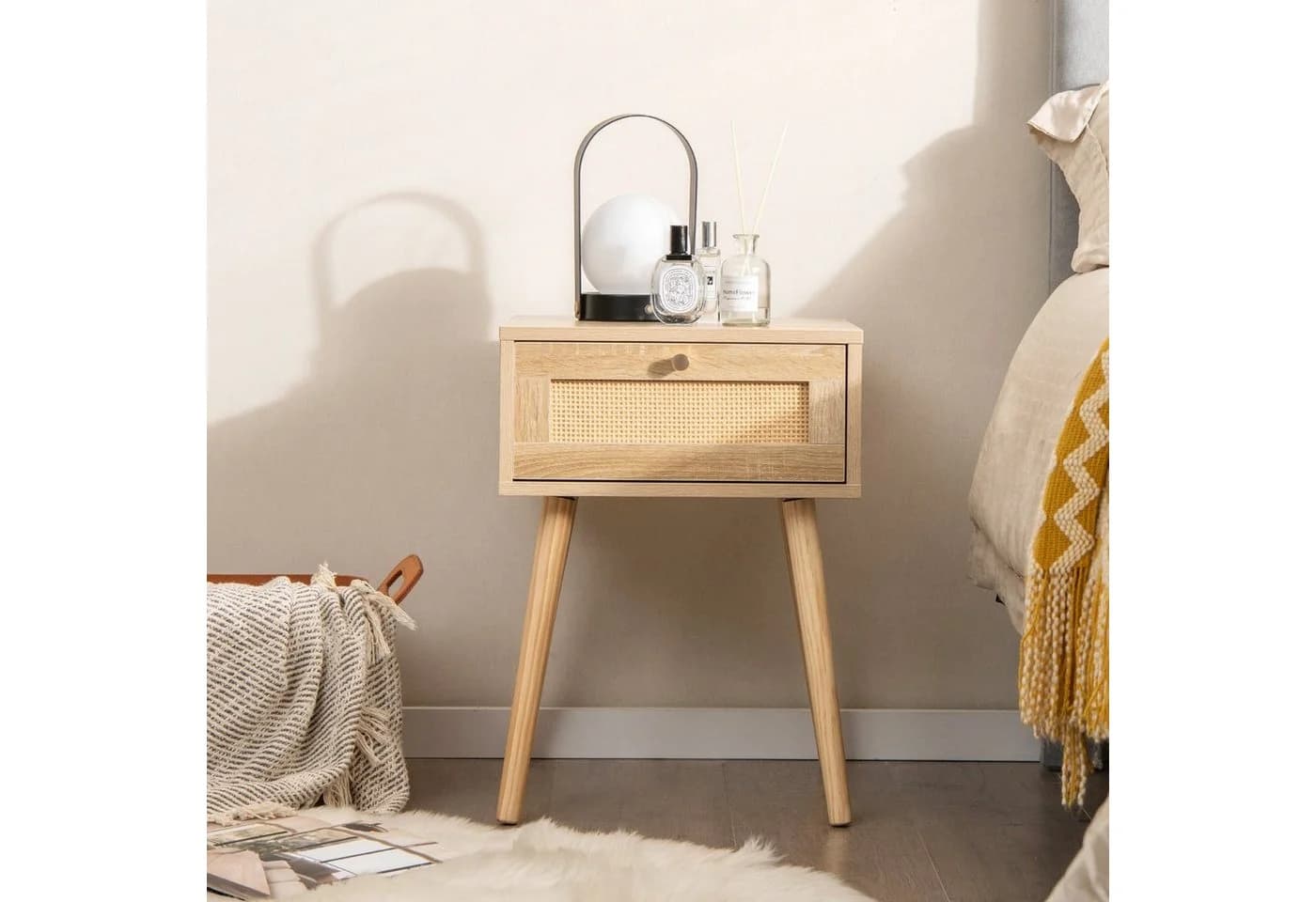 COSTWAY Nachttisch mit Schublade und Rattan-Design, Eiche