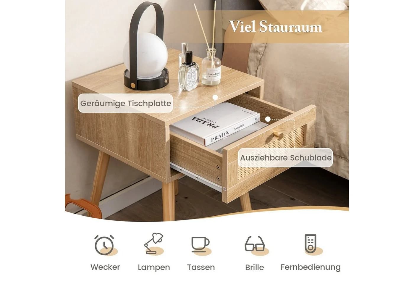COSTWAY Nachttisch mit Schublade und Rattan-Design, Eiche - Bild 3