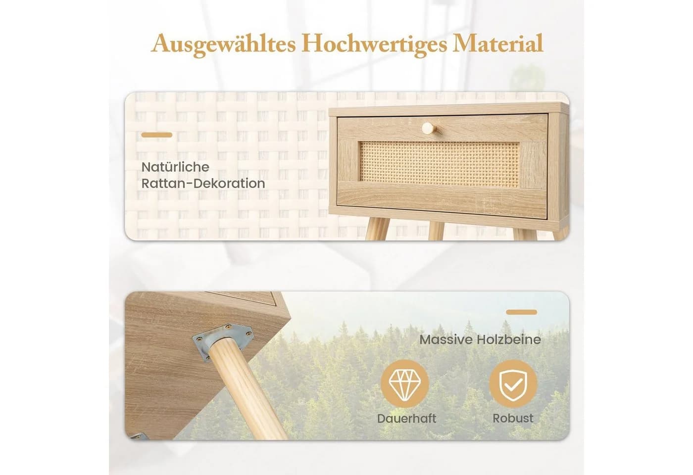 COSTWAY Nachttisch mit Schublade und Rattan-Design, Eiche - Bild 4