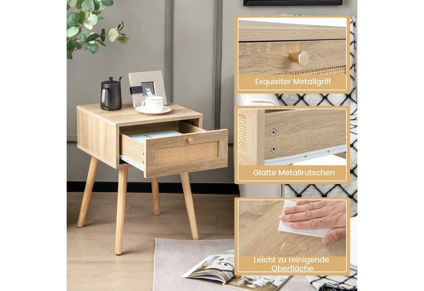 COSTWAY Nachttisch mit Schublade und Rattan-Design, Eiche - Bild 5