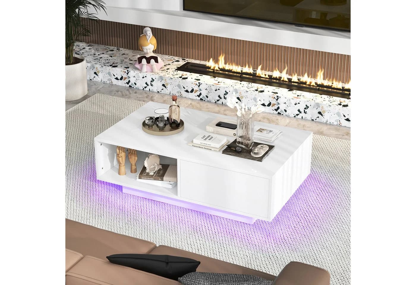 COSTWAY Couchtisch mit LED-Beleuchtung, Fernbedienung, Schublade